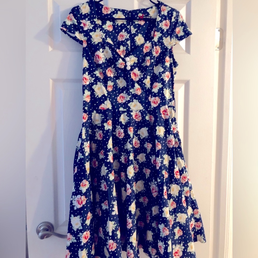 Hell Bunny Navy Floral Dress Size Large Fit and Flare with Pockets
